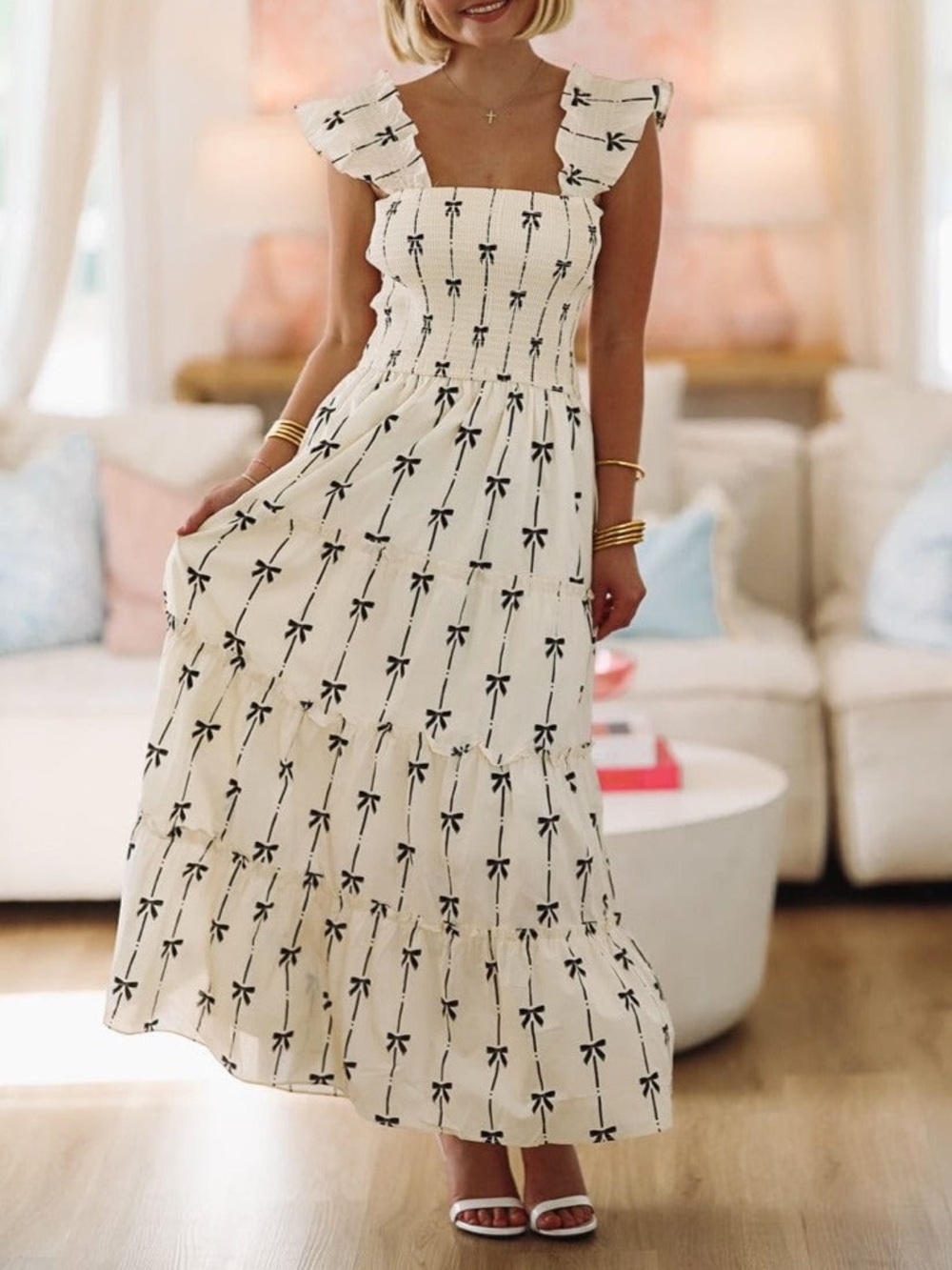 Women's Cream Maxi Dress with Black Bow Print